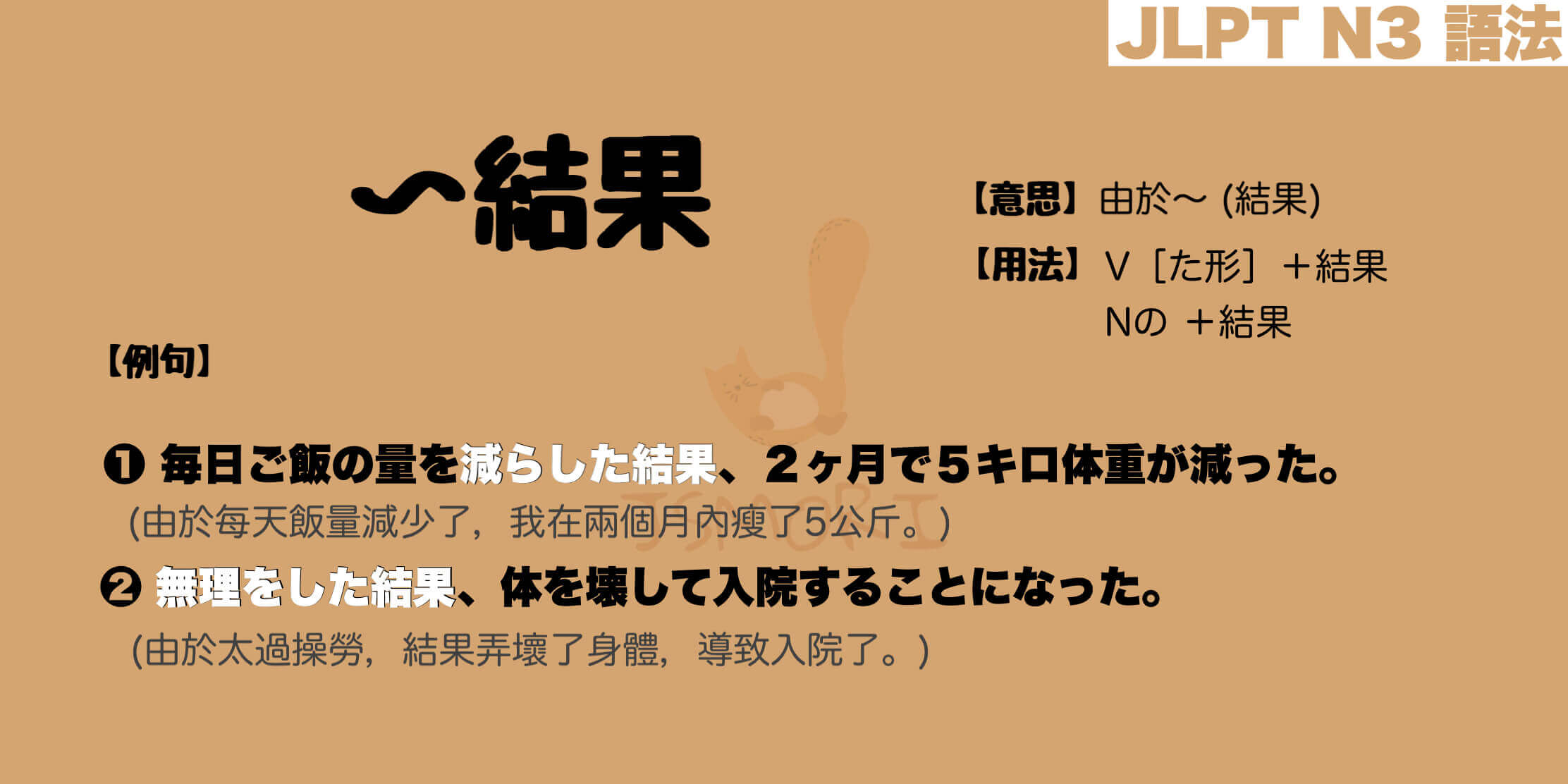 【N3 文法】〜結果（意思・用法・例句）