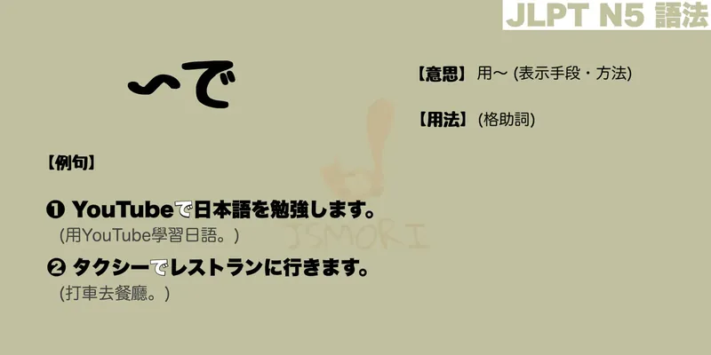 【N5 文法】〜で (手段・方法)（意思・用法・例句）