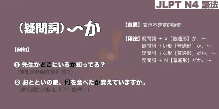 【N4 文法】(疑問詞)〜か(意思・用法・例句)