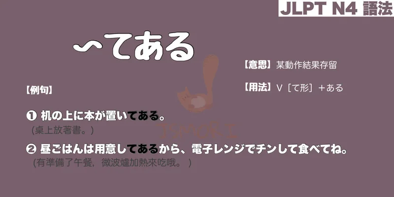【N4 文法】〜てある (理由・原因)（意思・用法・例句）