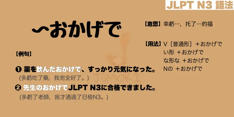 【N3 文法】〜おかげで（意思・用法・例句）