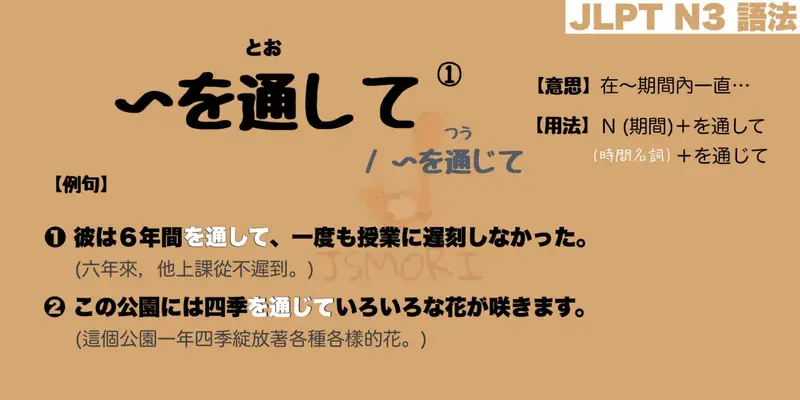 【N3 文法】〜を通して / 〜を通じて (期間)（意思・用法・例句） 