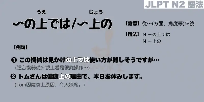 【N2 文法】〜の上では / 〜上(じょう)の （意思・用法・例句）