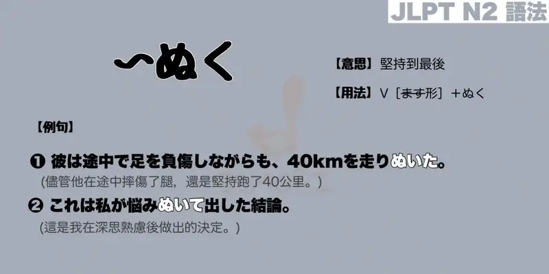 【N2 文法】〜ぬく（意思・用法・例句）