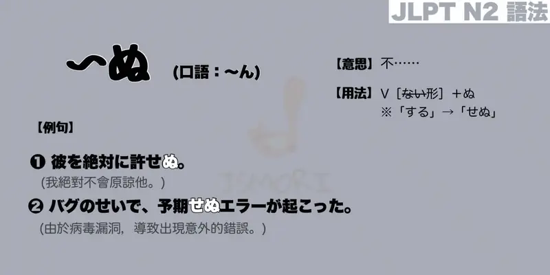 【N2 文法】〜ぬ / ん（意思・用法・例句）