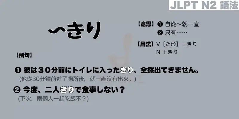 【N2 文法】〜きり（意思・用法・例句）